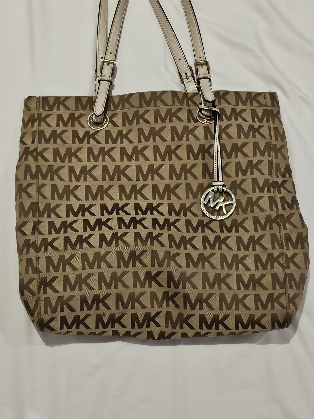 Michael Kors Brown and Cream MK Logo Tote with Gold Charm